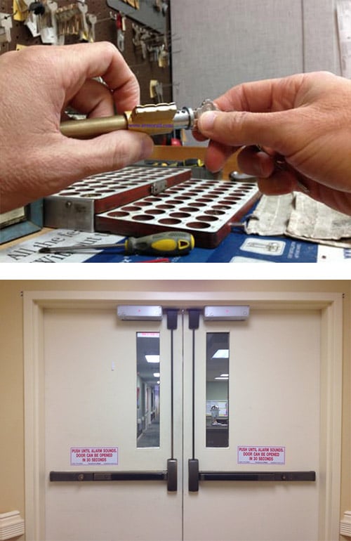 image of a lock cylinder being rekeyed (top) and commercial-grade doors with crash bars and door closers (bottom)