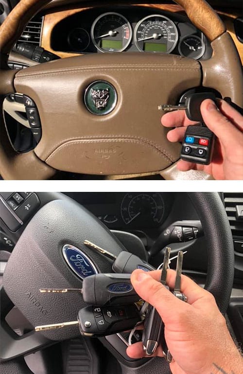 image of a new tibbe key we cut and fob we programed for a Jaguar (top) and 5 new flip keys we cut and programmed for a Ford Transit (bottom)