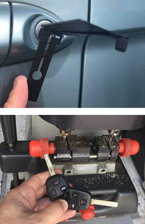 image of Kris picking a car door lock (top) and two new transponder head keys he cut and programmed on site in his locksmith van (bottom).