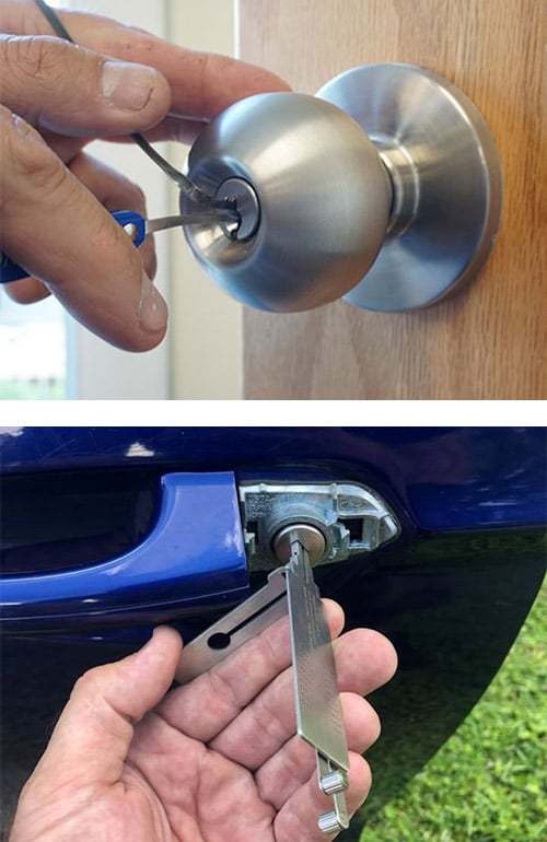 locksmith picking a doorknob lock (top) and an automotive door lock (bottom)
