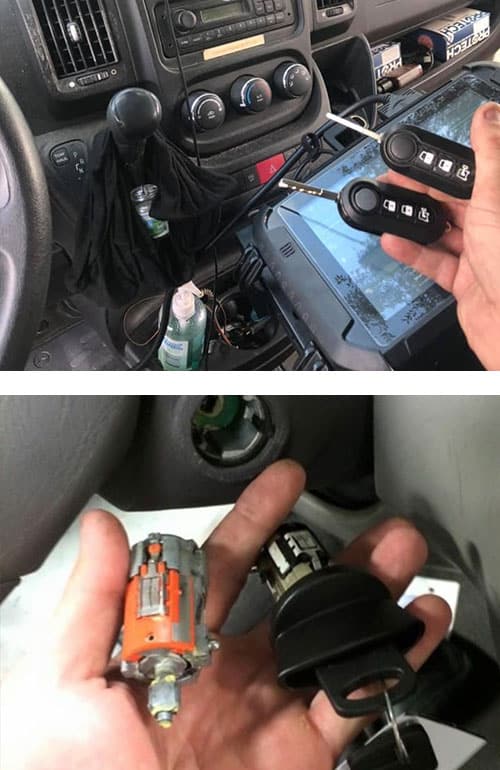 image of two keys we cut and programmed (top) and an old ignition lock we removed and the new one we installed (bottom).